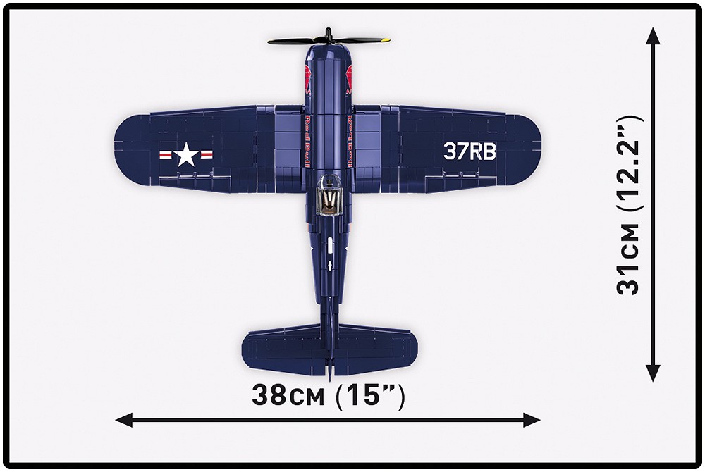 Top view of the CHANCE VOUGHT F4U-4 CORSAIR fighter model with dimensions indicated.