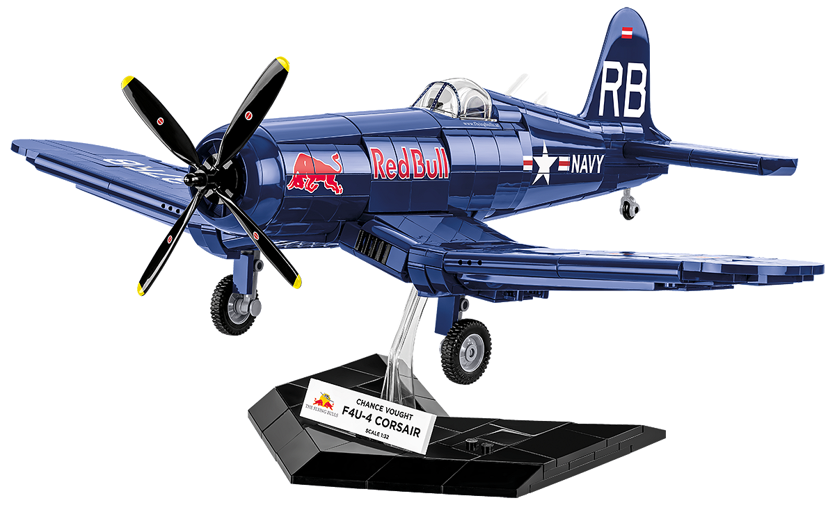CHANCE VOUGHT F4U-4 CORSAIR fighter model on a display stand with a collector's plaque.