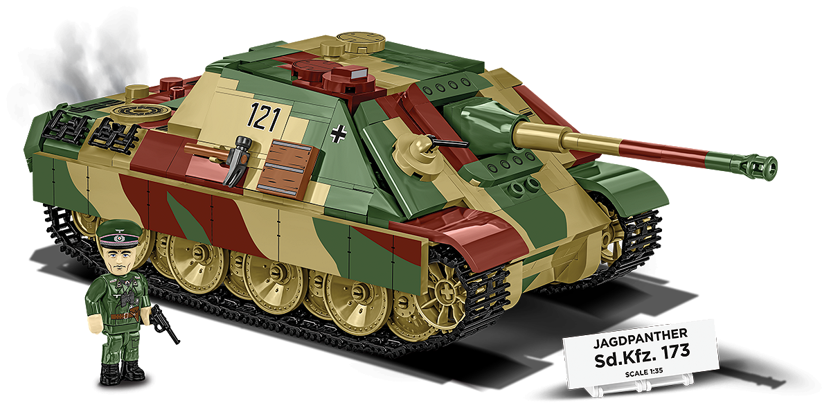 Ansicht des kompletten Sets mit dem Modell Jagdpanther Sd.Kfz. 173, einer Figur und einer Sammlerplakette.