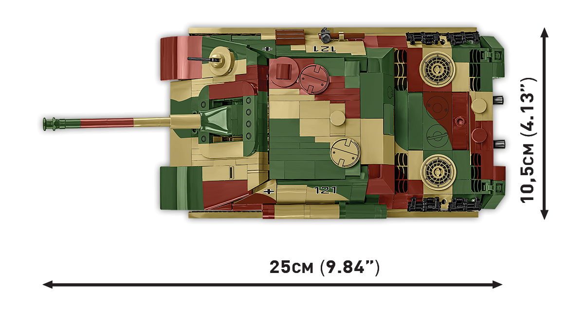 Draufsicht auf das Modell Jagdpanther Sd.Kfz. 173 mit Maßangaben.