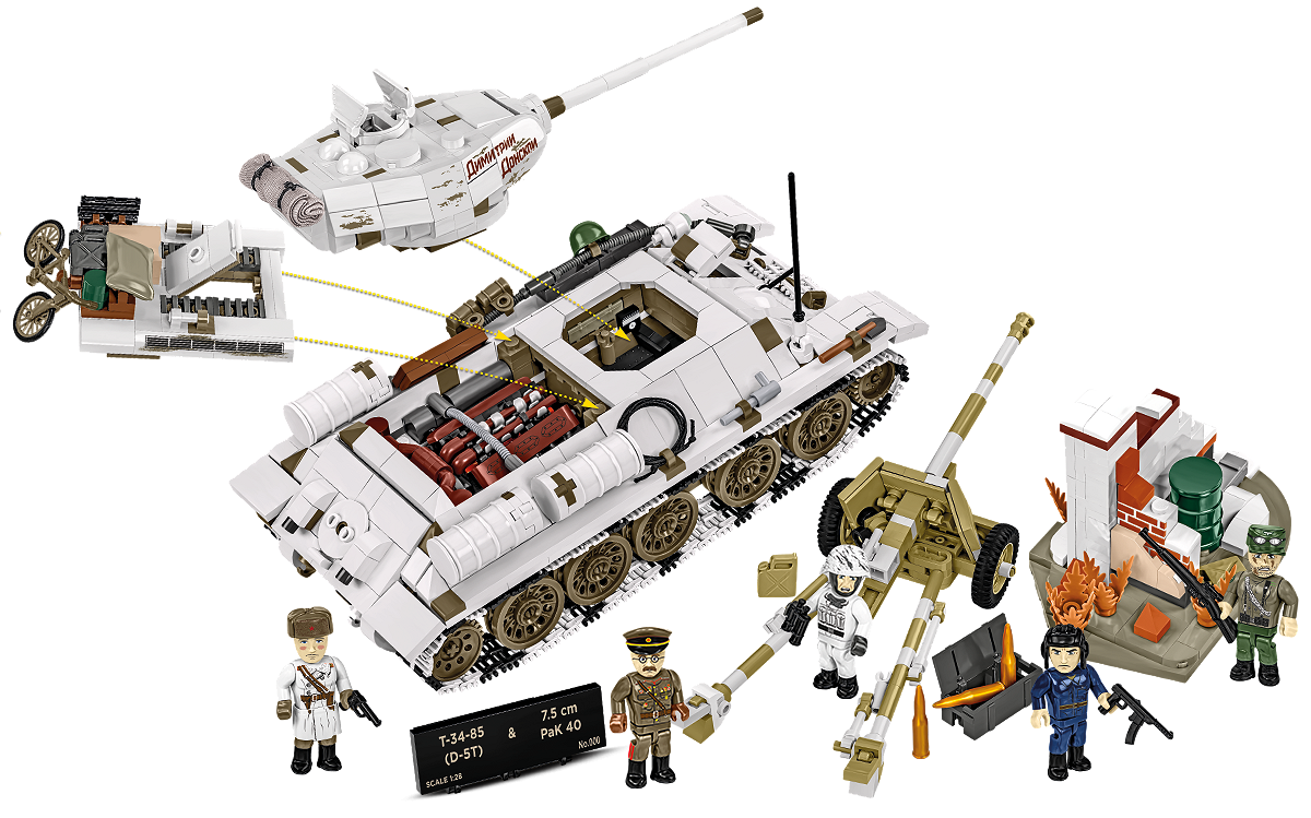 Complete set contents including minifigures, diorama, and the T-34-85 tank model with movable and functional features.