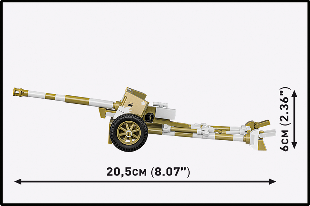 Assembled 7.5 cm PaK 40 anti-tank gun model with dimensions.