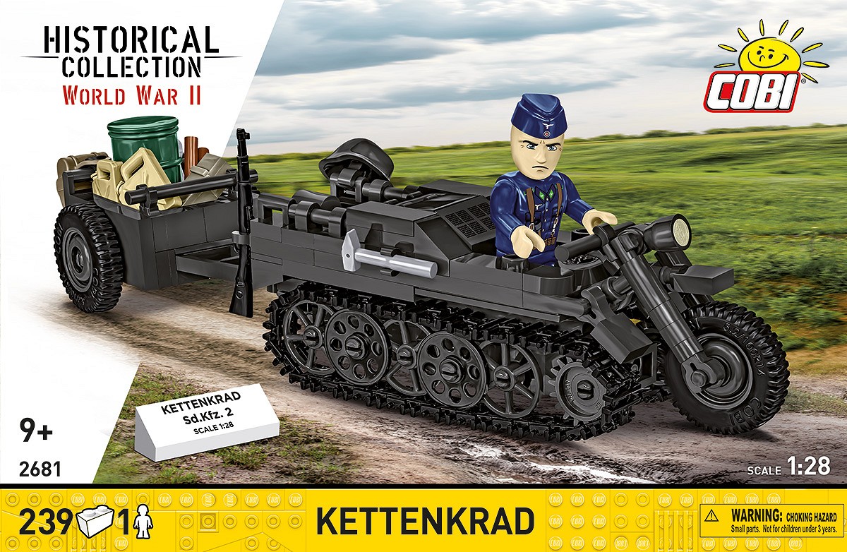 Vorderseite der Verpackung des COBI Kettenkrad mit Anhänger Bausatzes.