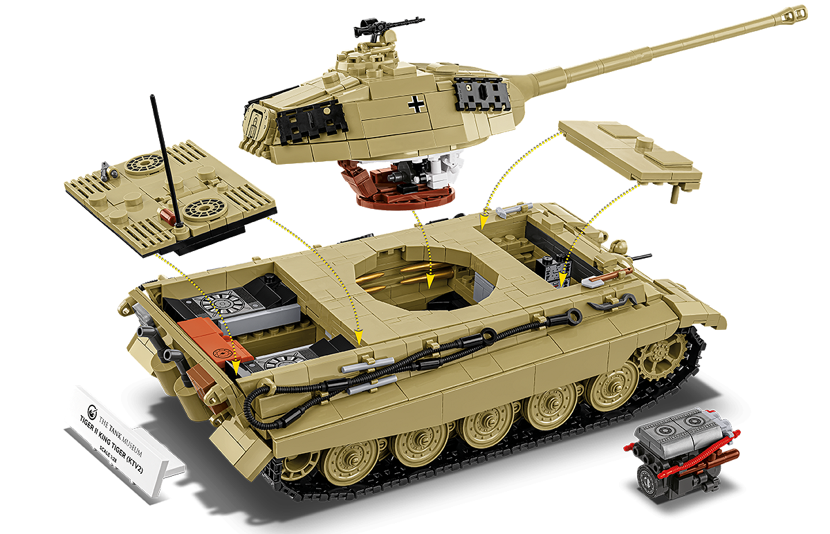 Das Set „TIGER II KING TIGER (KTV2)“ mit Infotafel, ausgestattet mit abnehmbarem Turm, abnehmbaren Panzerplatten und herausnehmbarem Motor.