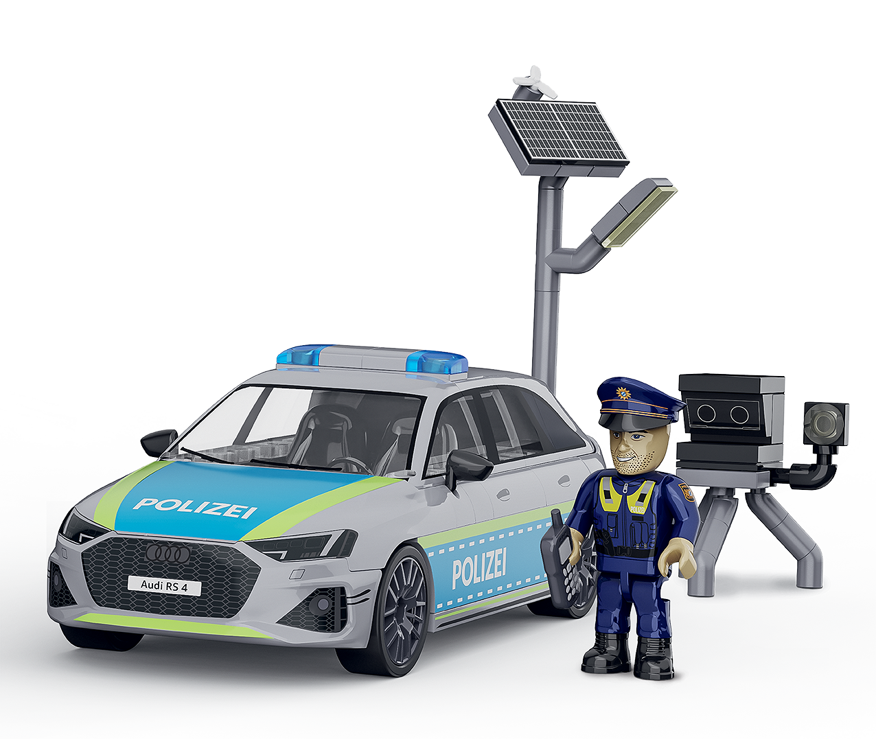 Alternative view of the set featuring the Audi RS 4 model, a police officer minifigure and a brick-built police speed radar.